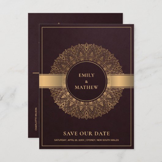 BURGUNDY GOLD CLASSIC VERZIERT MANDALA SAVE THE DA ANKÜNDIGUNGSPOSTKARTE (Vorne/Hinten)