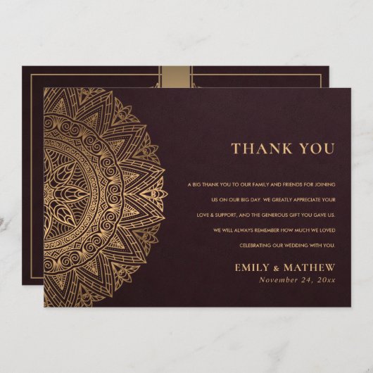 BURGUNDY GOLD CLASSIC VERZIERT MANDALA WEDD DANKESKARTE (Vorne/Hinten)