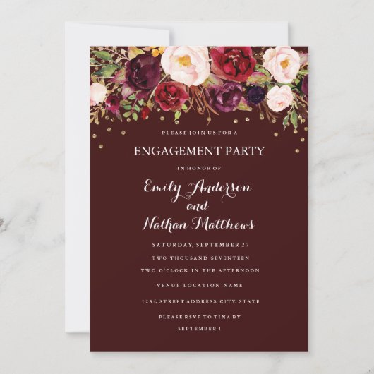 Burgundy Gold Confetti Floral Engagement Party Einladung (Vorderseite)