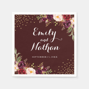 Burgundy Gold Confetti Floral Wedding Napkin Serviette