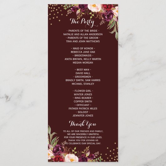 Burgundy Gold Confetti Floral Wedding Program Programm (Rückseite)