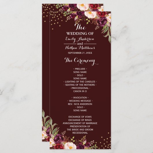Burgundy Gold Confetti Floral Wedding Program Programm (Vorne/Hinten)