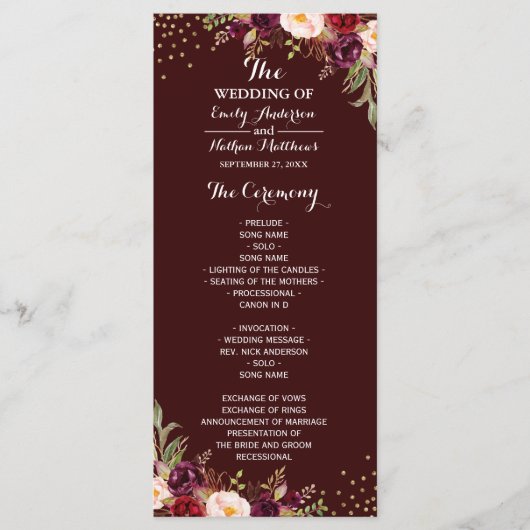 Burgundy Gold Confetti Floral Wedding Program Programm (Vorderseite)