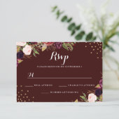 Burgundy Gold Confetti Floral Wedding RSVP (Stehend Vorderseite)