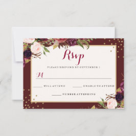 Burgundy Gold Confetti Floral Wedding RSVP Karte