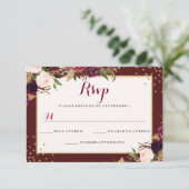 Burgundy Gold Confetti Floral Wedding RSVP Karte (Stehend Vorderseite)