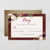 Burgundy Gold Confetti Floral Wedding RSVP Karte (Vorne/Hinten)