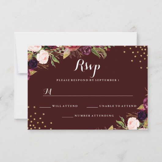 Burgundy Gold Confetti Floral Wedding RSVP Karte (Vorderseite)