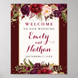 Burgundy Gold Confetti Floral Wedding Sign Poster