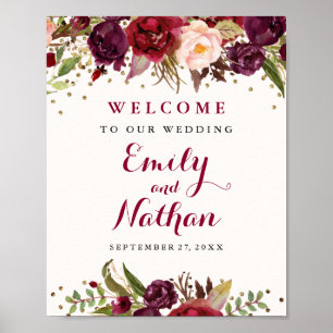 Burgundy Gold Confetti Floral Wedding Sign Poster