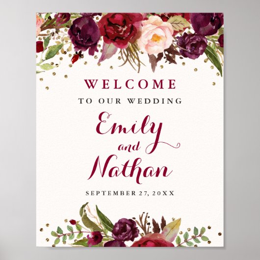 Burgundy Gold Confetti Floral Wedding Sign Poster (Vorne)