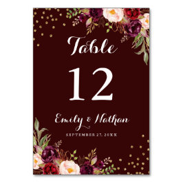 Burgundy Gold Confetti Floral Wedding Tischnummer