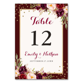 Burgundy Gold Confetti Floral Wedding Tischnummer