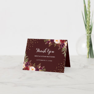 Burgundy Gold Confetti Floral Wedding Vielen Dank Dankeskarte