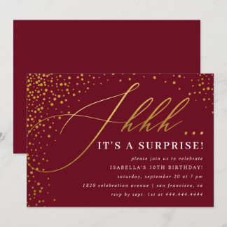 Burgundy & Gold Confetti-Skript-Überraschungs-Part Einladung