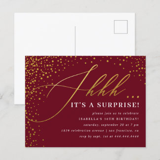 Burgundy & Gold Confetti-Skript-Überraschungs-Part Einladungspostkarte