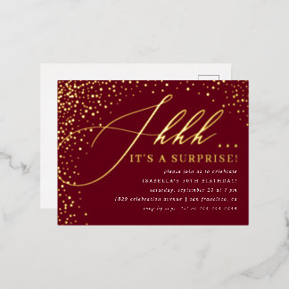 Burgundy & Gold Confetti-Skript-Überraschungs-Part Folie Einladungspostkarte