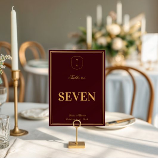 Burgundy Gold Crest Monogram Wedding Table Number Einladung