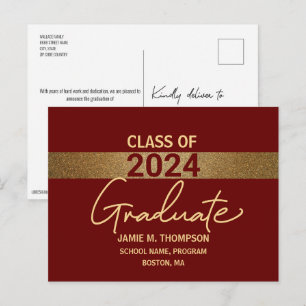 Burgundy Gold Custom Class of 2024 Abschluss Postkarte