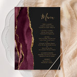 Burgundy Gold Dark Wedding Menükarte<br><div class="desc">Die links Seite dieses eleganten,  modernen Hochzeitsmenüs besticht durch einen bordeauxroten Aquarellstreifen,  der mit vergoldetem Imitat-Glitzer besticht. Der anpassbare Text vereint goldfarbene whimsical Handschriftzeichen mit Copperplate-Schriftart auf schwarzem Schiefer-Hintergrund. Auf der Rückseite ist ein passendes Bordeaux- und Gold-Agate-Design.</div>
