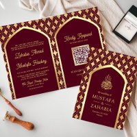 Burgundy Gold Diamonds Arch QR Code für muslimisch