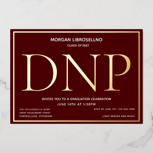 Burgundy Gold DNP Abschluss Folieneinladung (Vorderseite)
