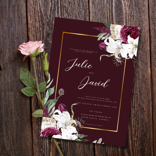 Burgundy Gold - Elegant Floral Luxe Hochzeit Einladung