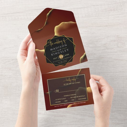 Burgundy Gold 🌿 Elegant Inky Abstrakt Hochzeit All In One Einladung (Abreißtisch)