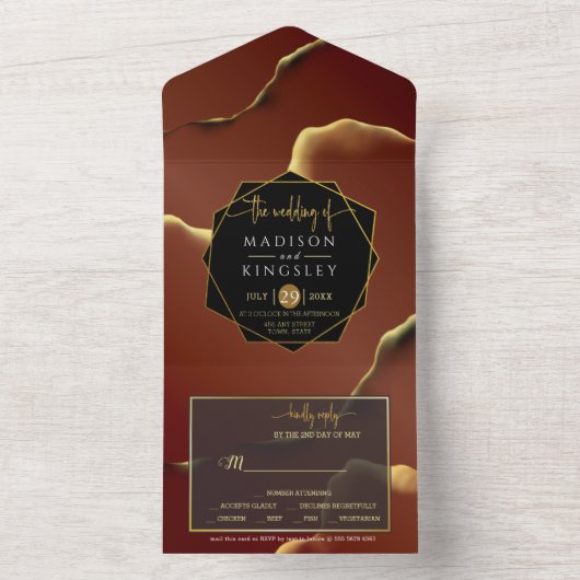 Burgundy Gold 🌿 Elegant Inky Abstrakt Hochzeit All In One Einladung (Innen)
