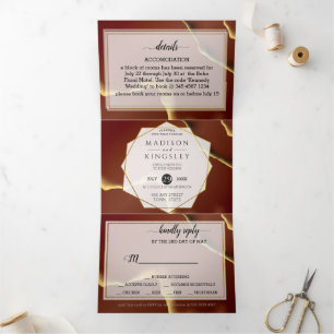 Burgundy Gold 🌿 Elegant Inky Abstrakt Hochzeit Dreifach Gefaltete Einladung