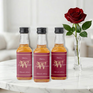 Burgundy & Gold Elegante Monogram Chic Wedding Min Alkoholflaschenetikett
