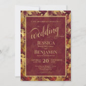 Burgundy & Gold Fall Leaves Stylish Script Wedding Einladung (Vorderseite)