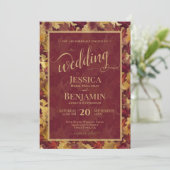 Burgundy & Gold Fall Leaves Stylish Script Wedding Einladung (Stehend Vorderseite)