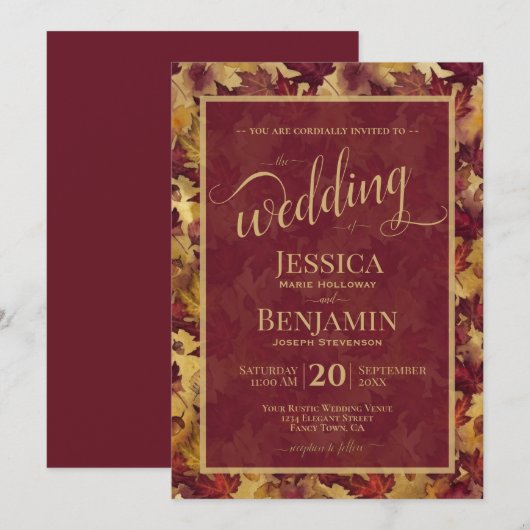 Burgundy & Gold Fall Leaves Stylish Script Wedding Einladung (Vorne/Hinten)