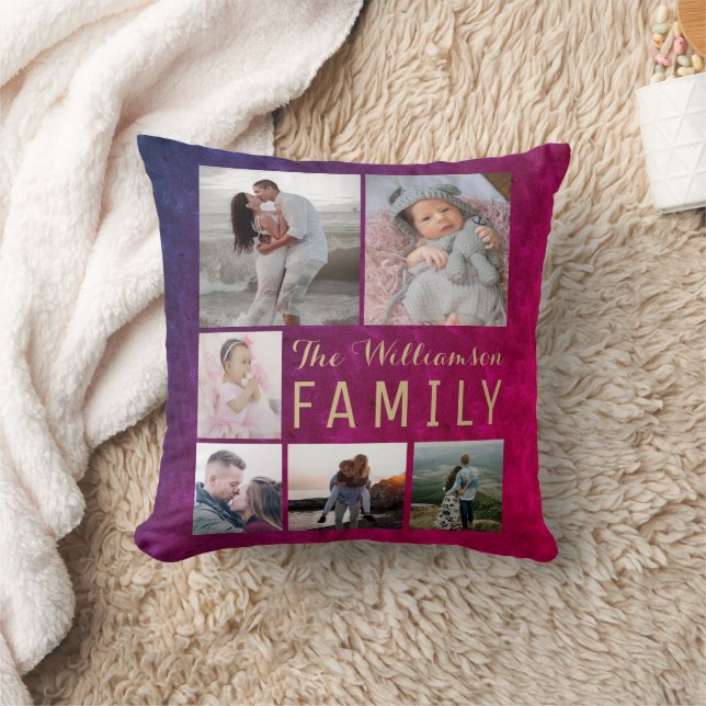 Burgundy Gold Family Photo Collage Throw Pillow Kissen (Decke)