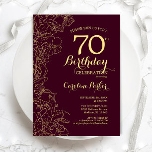 Burgundy Gold Floral 70. Geburtstagsparty Einladung