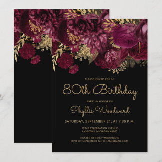 Burgundy Gold Floral 80. Geburtstagsparty Einladung