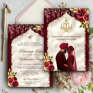 Burgundy Gold Floral Anand Karaj Sikh Wedding Einladung