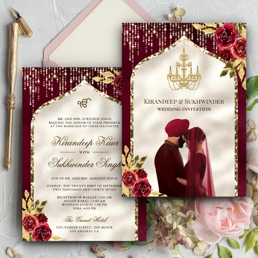 Burgundy Gold Floral Anand Karaj Sikh Wedding Einladung