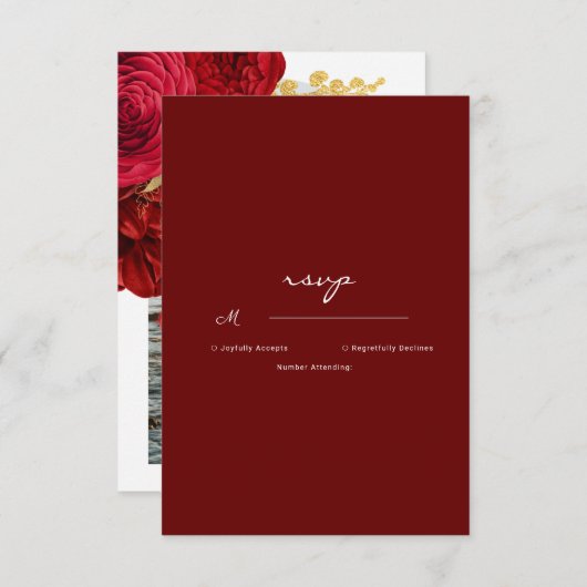 Burgundy Gold Floral Arch Foto Hochzeit RSVP Karte (Vorne/Hinten)