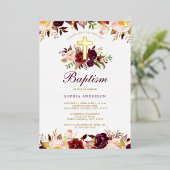 Burgundy Gold Floral Baptisse Folieneinladung (Stehend vorne)