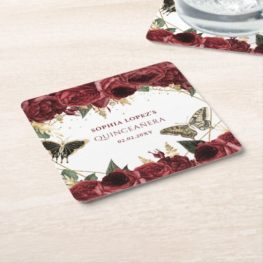 Burgundy Gold Floral Butterfliegen Quinceanera Rechteckiger Pappuntersetzer (angewinkelt)