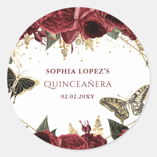 Burgundy Gold Floral Butterfliegen Quinceanera Runder Aufkleber (Vorderseite)