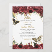 Burgundy Gold Floral Butterfly Sweet 16 Einladung (Vorderseite)