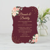 Burgundy Gold Floral Confetti Brunch und Bubbly Einladung (Stehend Vorderseite)