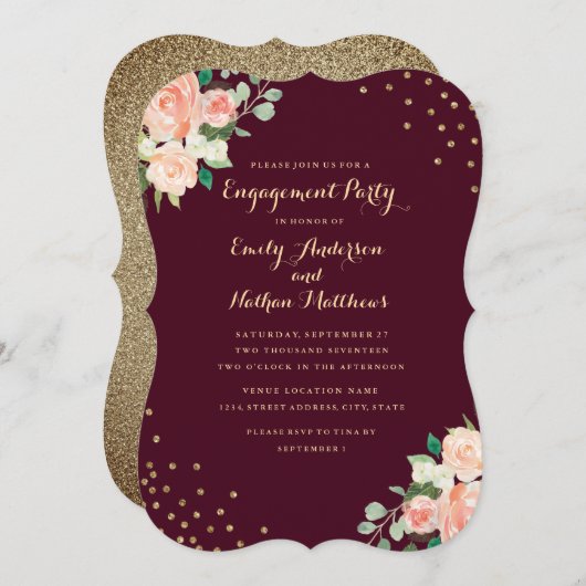Burgundy Gold Floral Confetti Engagement Party Einladung (Vorne/Hinten)