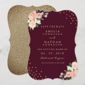 Burgundy Gold Floral Confetti Save the Date (Vorne/Hinten)