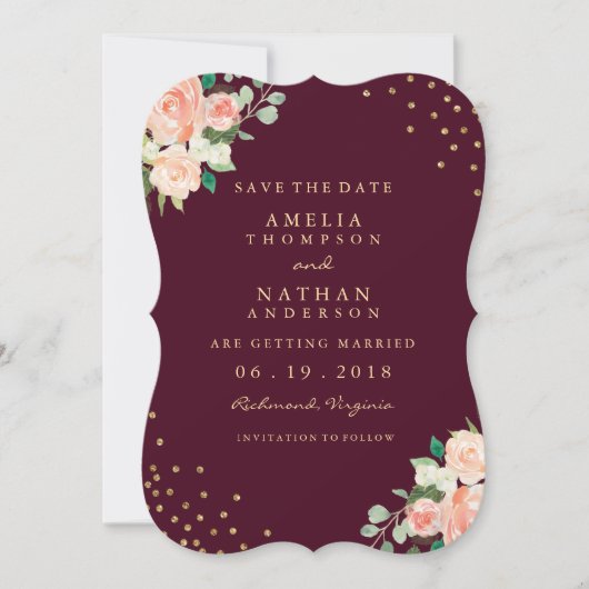 Burgundy Gold Floral Confetti Save the Date (Vorderseite)