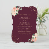 Burgundy Gold Floral Confetti Save the Date (Stehend Vorderseite)