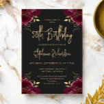 Burgundy Gold Floral Dark 50th Birthday Party Einladung<br><div class="desc">This trendy 50th birthday party invitation features burgundy red roses with faux gold foil foliage in four corners on an off-black background. The words "50th Birthday" and the name of the guest of honor appear in trendy gold-colored modern handwriting script. Add the details in gold-colored sans serif font.</div>